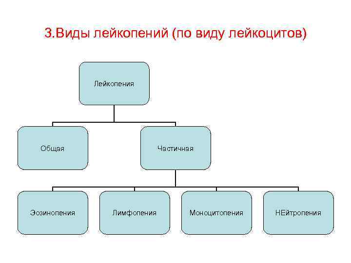 3. Виды лейкопений (по виду лейкоцитов) Лейкопения Общая Эозинопения Частичная Лимфопения Моноцитопения НЕйтропения 