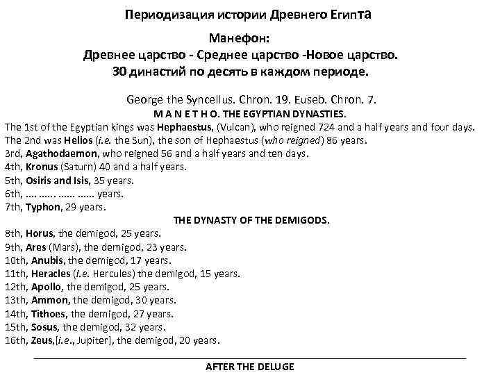Периодизация истории Древнего Египта Манефон: Древнее царство - Среднее царство -Новое царство. 30 династий