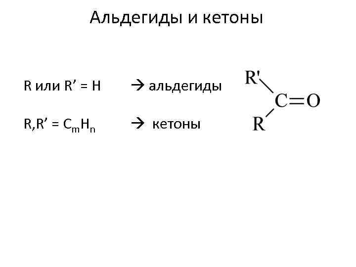 Альдегиды и кетоны R или R’ = H альдегиды R, R’ = Cm. Hn