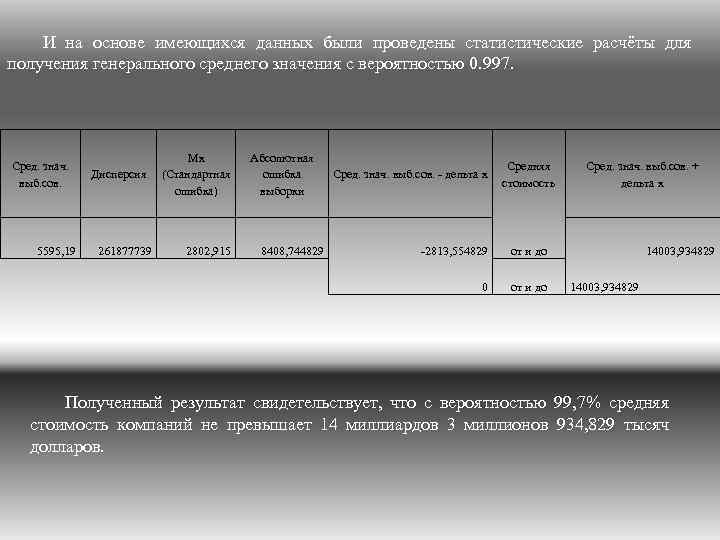 И на основе имеющихся данных были проведены статистические расчёты для получения генерального среднего значения
