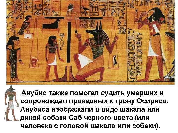 Анубис также помогал судить умерших и сопровождал праведных к трону Осириса. Анубиса изображали в
