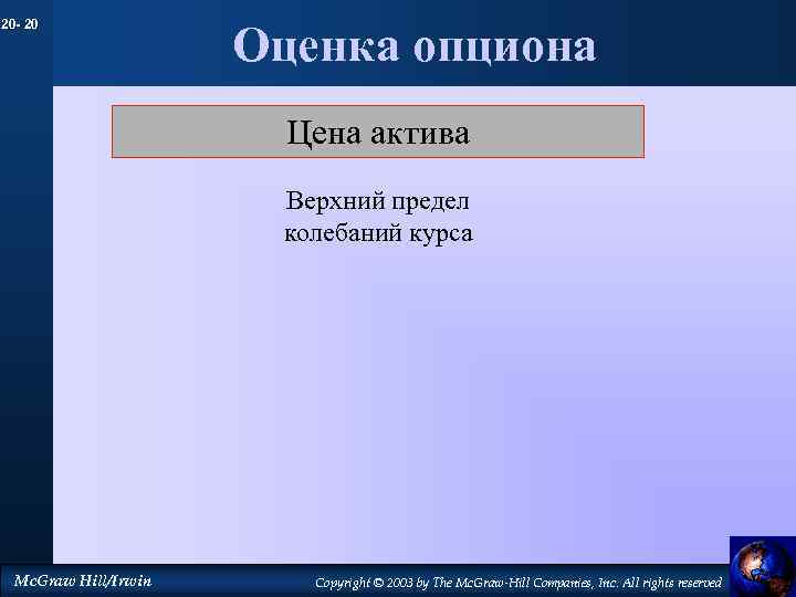 20 - 20 Оценка опциона Цена актива Верхний предел колебаний курса Mc. Graw Hill/Irwin