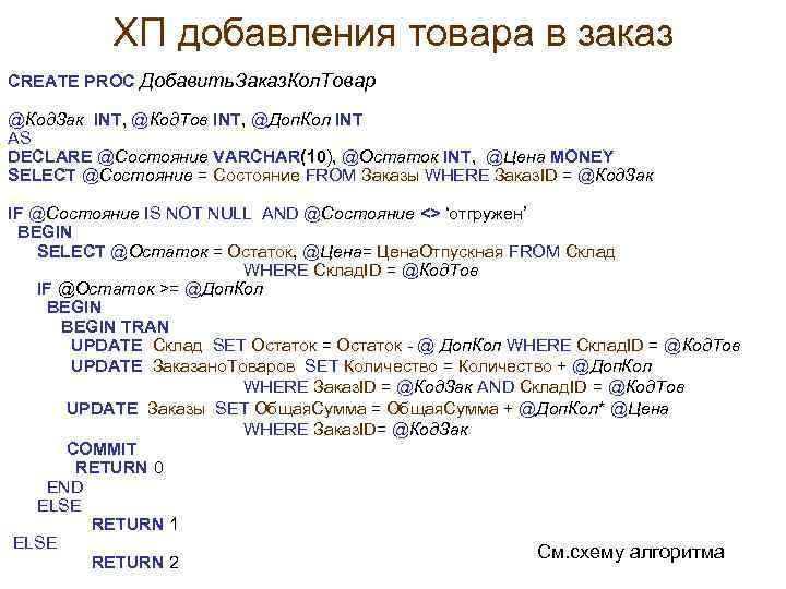 ХП добавления товара в заказ CREATE PROC Добавить. Заказ. Кол. Товар @Код. Зак INT,
