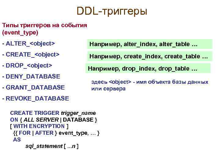 DDL-триггеры Типы триггеров на события (event_type) - ALTER_<object> Например, alter_index, alter_table … - CREATE_<object>