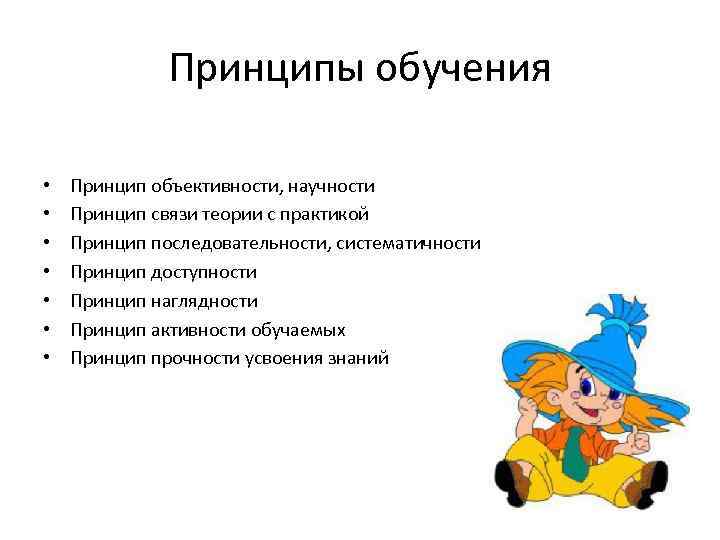 Принципы обучения • • Принцип объективности, научности Принцип связи теории с практикой Принцип последовательности,