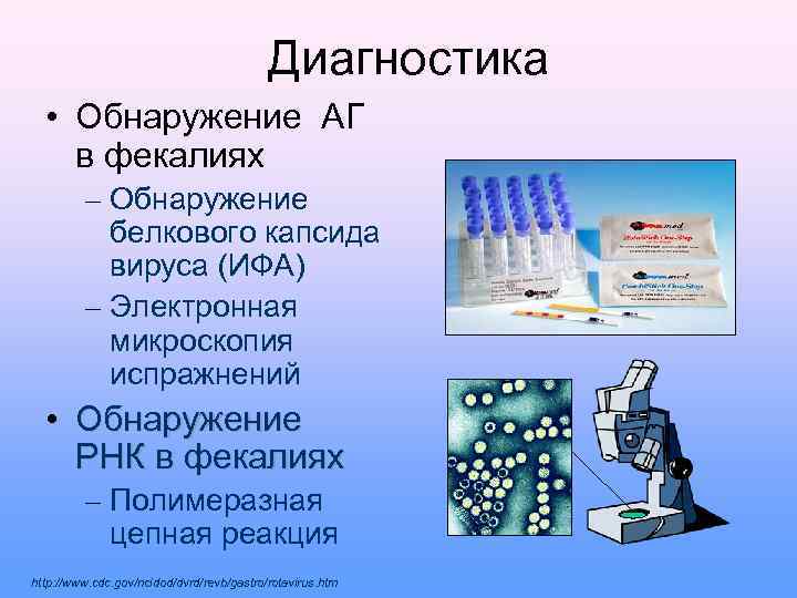 Диагностика • Обнаружение АГ в фекалиях – Обнаружение белкового капсида вируса (ИФА) – Электронная