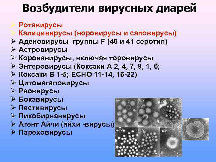 Возбудители вирусных диарей Ротавирусы Калицивирусы (норовирусы и саповирусы) Аденовирусы группы F (40 и 41