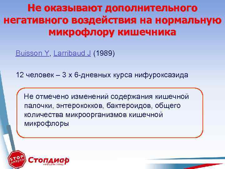 Не оказывают дополнительного негативного воздействия на нормальную микрофлору кишечника Buisson Y, Larribaud J (1989)