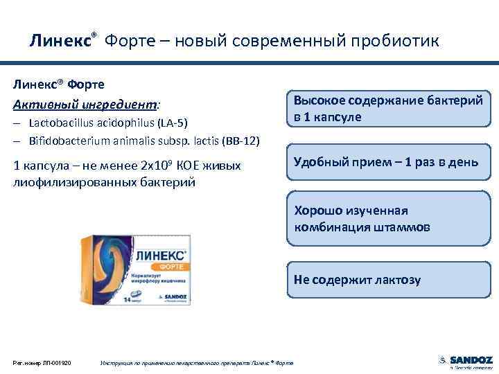 Линекс® Форте – новый современный пробиотик Линекс® Форте Активный ингредиент: – Lactobacillus acidophilus (LA-5)