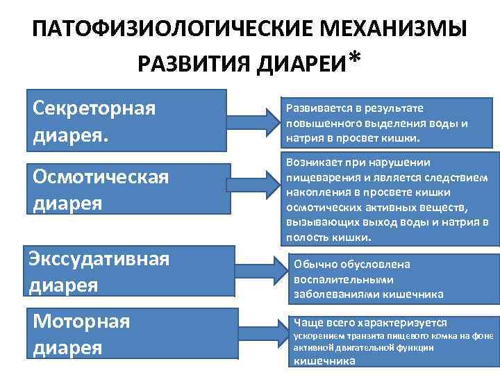 ПАТОФИЗИОЛОГИЧЕСКИЕ МЕХАНИЗМЫ РАЗВИТИЯ ДИАРЕИ* Секреторная диарея. Осмотическая диарея Экссудативная диарея Моторная диарея Развивается в