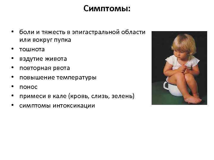 Симптомы: • боли и тяжесть в эпигастральной области или вокруг пупка • тошнота •