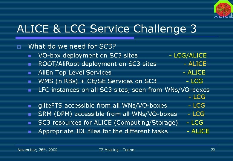 ALICE & LCG Service Challenge 3 o What do we need for SC 3?
