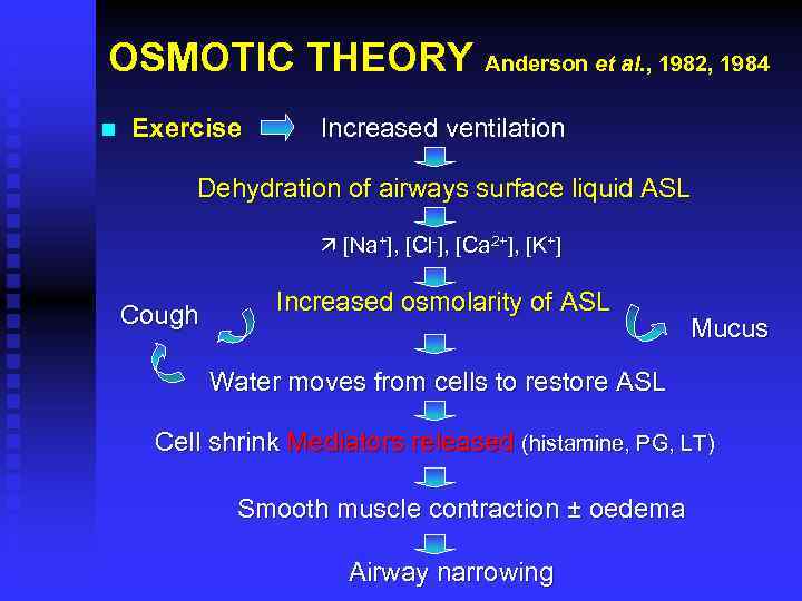 OSMOTIC THEORY Anderson et al. , 1982, 1984 n Exercise Increased ventilation Dehydration of