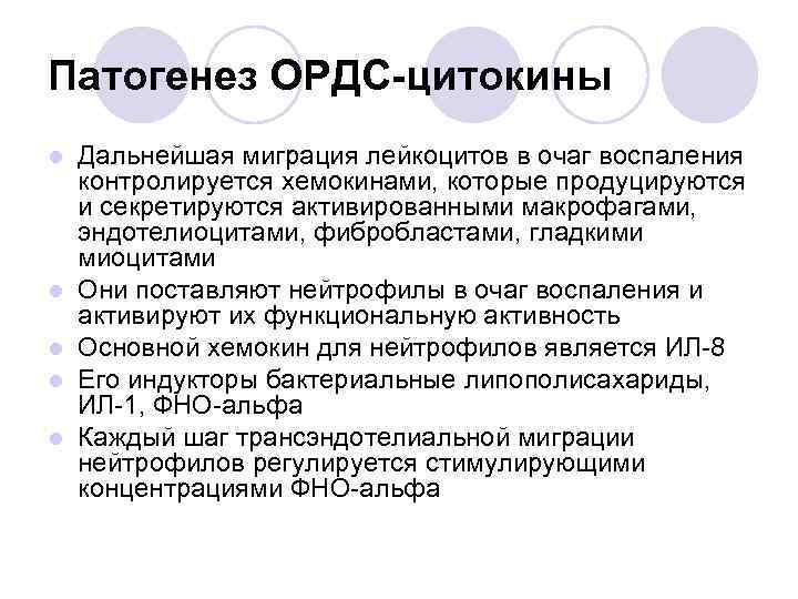 Патогенез ОРДС-цитокины l l l Дальнейшая миграция лейкоцитов в очаг воспаления контролируется хемокинами, которые