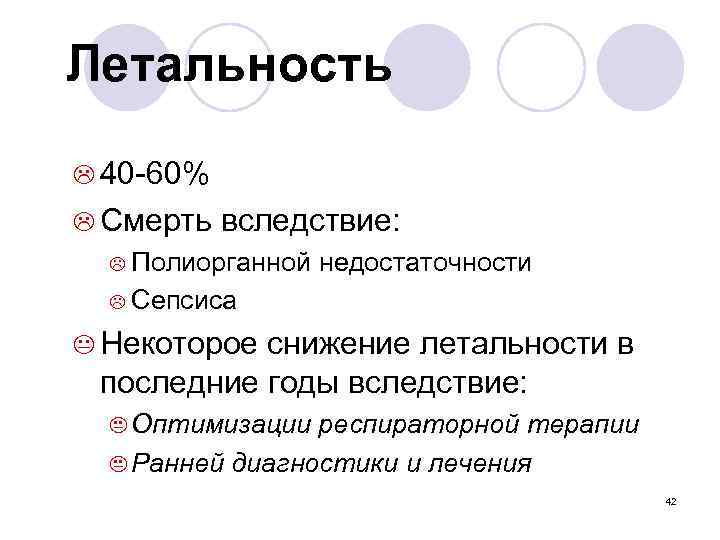 Летальность L 40 -60% L Смерть вследствие: Полиорганной недостаточности L Сепсиса L K Некоторое