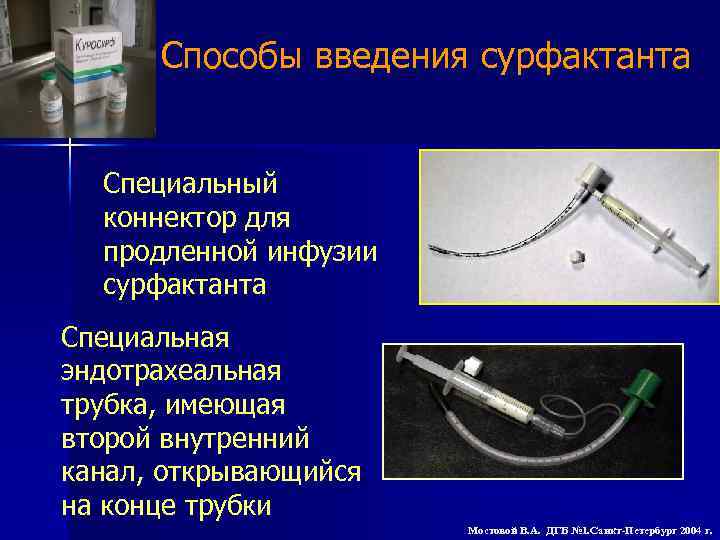 Способы введения сурфактанта Специальный коннектор для продленной инфузии сурфактанта Специальная эндотрахеальная трубка, имеющая второй