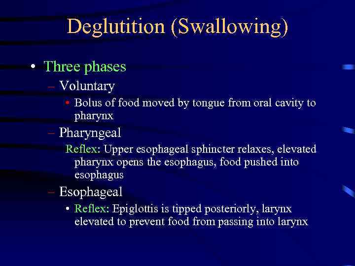 Deglutition (Swallowing) • Three phases – Voluntary • Bolus of food moved by tongue