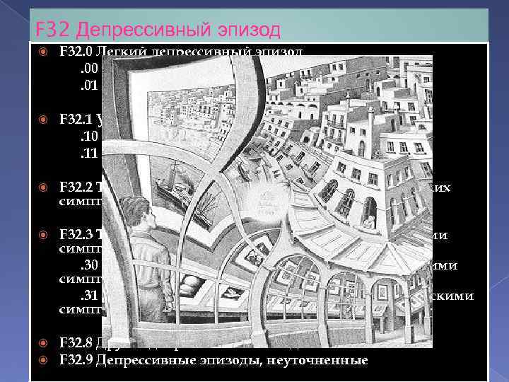 F 32 Депрессивный эпизод F 32. 0 Легкий депрессивный эпизод. 00 без соматических симптомов.