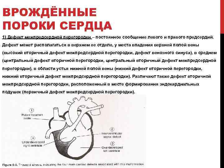 ВРОЖДЁННЫЕ ПОРОКИ СЕРДЦА 1) Дефект межпредсердной перегородки – постоянное сообщение левого и правого предсердий.