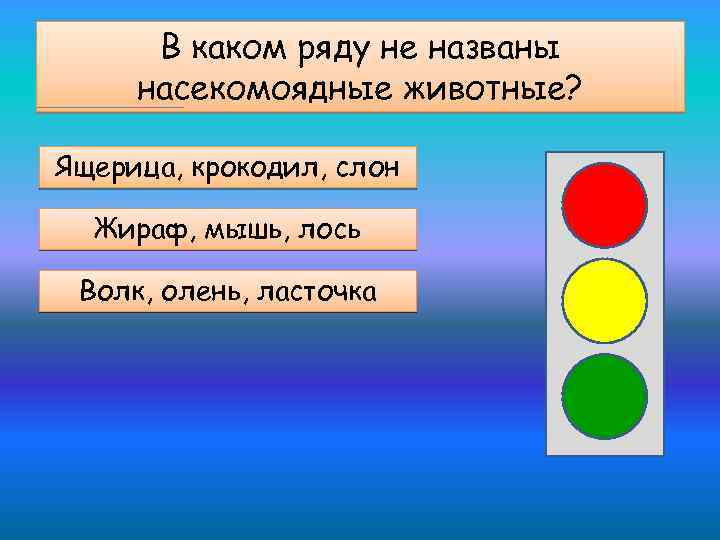 В каком ряду не названы насекомоядные животные? Ящерица, крокодил, слон Жираф, мышь, лось Волк,