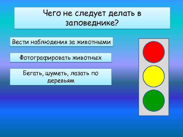 Чего не следует делать в заповеднике? Вести наблюдения за животными Фотографировать животных Бегать, шуметь,
