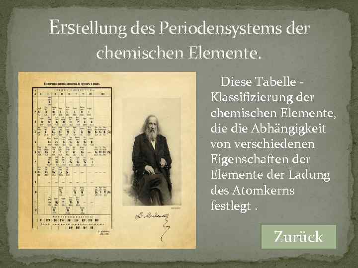 Erstellung des Periodensystems der chemischen Elemente. Diese Tabelle - Klassifizierung der chemischen Elemente, die