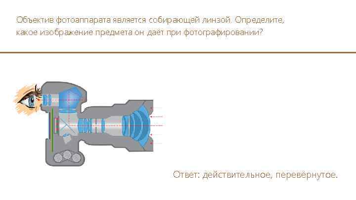 Объектив фотоаппарата является собирающей линзой. Определите, какое изображение предмета он даёт при фотографировании? Ответ: