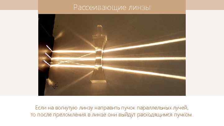Рассеивающие линзы Если на вогнутую линзу направить пучок параллельных лучей, то после преломления в