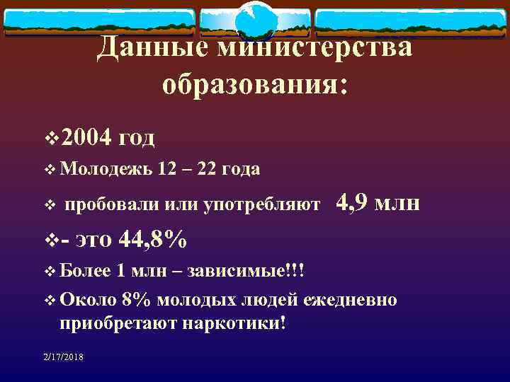 Данные министерства образования: v 2004 год v Молодежь 12 – 22 года v пробовали