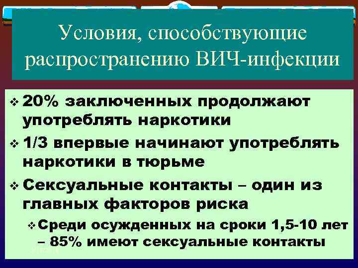 Условия, способствующие распространению ВИЧ-инфекции v 20% заключенных продолжают употреблять наркотики v 1/3 впервые начинают