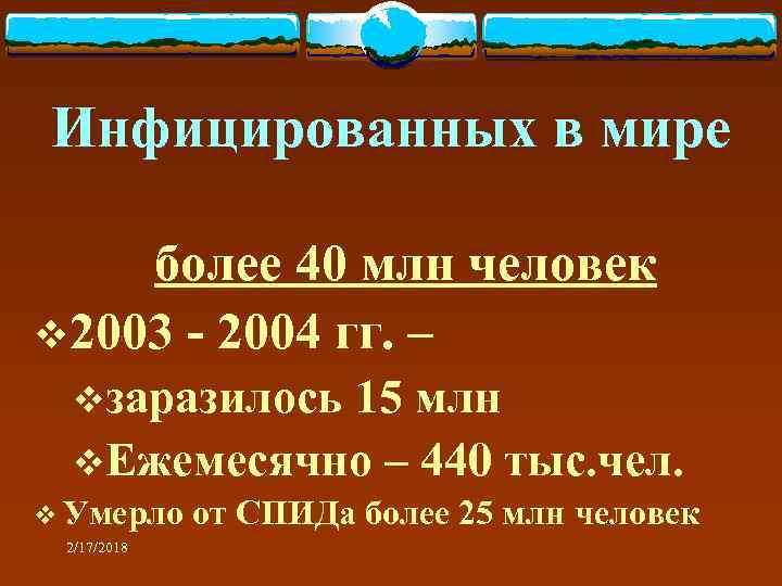 Инфицированных в мире более 40 млн человек v 2003 - 2004 гг. – vзаразилось