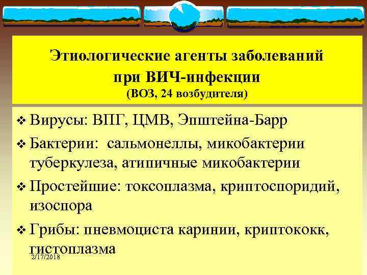 Этиологические агенты заболеваний при ВИЧ-инфекции (ВОЗ, 24 возбудителя) v Вирусы: ВПГ, ЦМВ, Эпштейна-Барр v