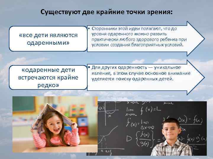 Существуют две крайние точки зрения: «все дети являются одаренными» «одаренные дети встречаются крайне редко»