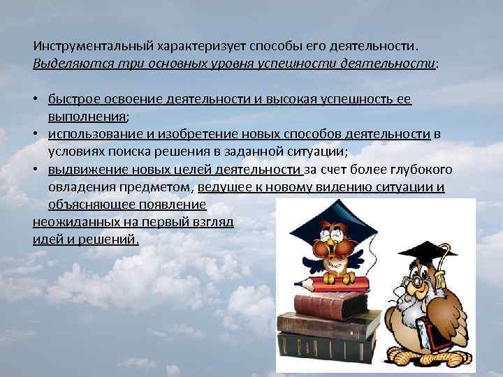 Инструментальный характеризует способы его деятельности. Выделяются три основных уровня успешности деятельности: • быстрое освоение