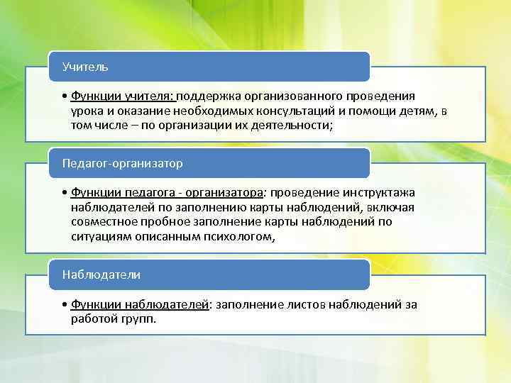 Учитель • Функции учителя: поддержка организованного проведения урока и оказание необходимых консультаций и помощи