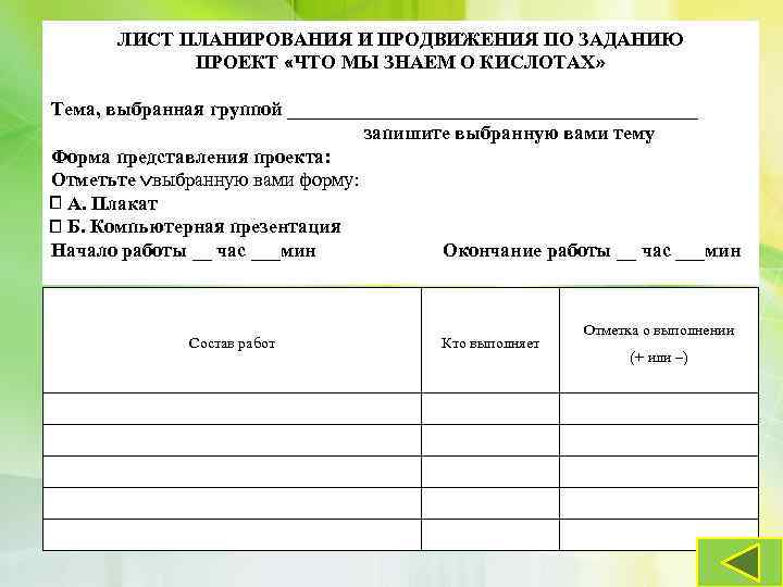 Лист планирования и продвижения по заданию в групповом проекте 4 класс