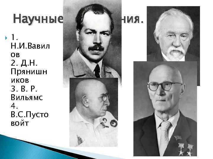 Научные достижения. 1. Н. И. Вавил ов 2. Д. Н. Прянишн иков 3. В.