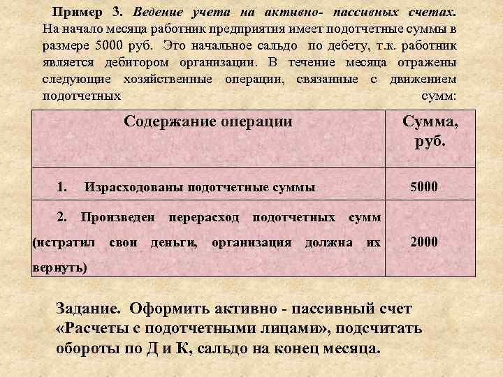 Пример 3. Ведение учета на активно- пассивных счетах. На начало месяца работник предприятия имеет