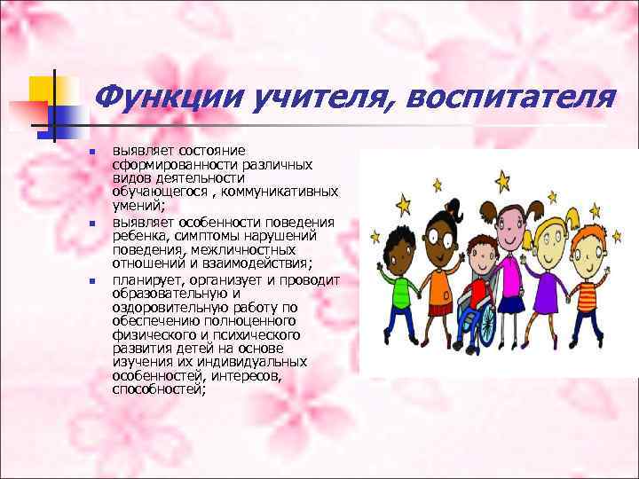 Функции учителя, воспитателя n n n выявляет состояние сформированности различных видов деятельности обучающегося ,