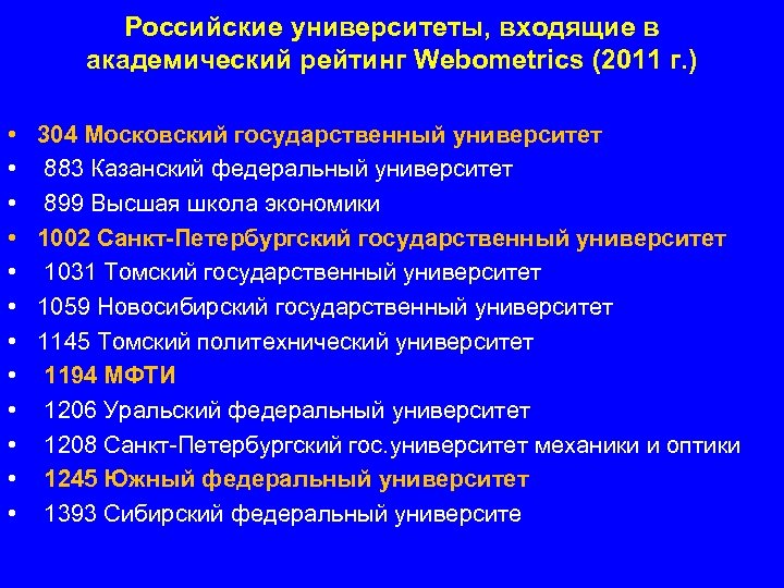 Российские университеты, входящие в академический рейтинг Webometrics (2011 г. ) • • • 304