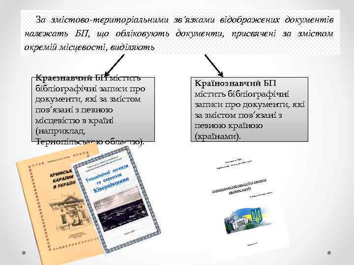 За змістово-територіальними зв’язками відображених документів належать БП, що обліковують документи, присвячені за змістом окремій