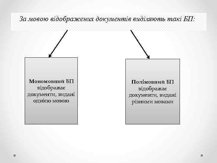 За мовою відображених документів виділяють такі БП: Мономовний БП відображає документи, видані однією мовою