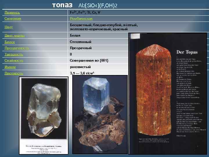 топаз Al 2[Si. O 4](F, OH)2 Примесь Fe 2+, Fe 3+, Ti, Cr, V
