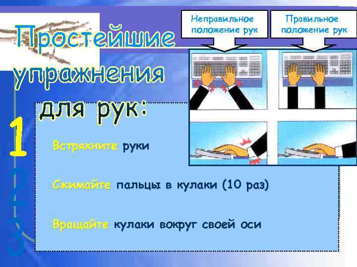 Неправильное положение рук Встряхните руки Сжимайте пальцы в кулаки (10 раз) Вращайте кулаки вокруг