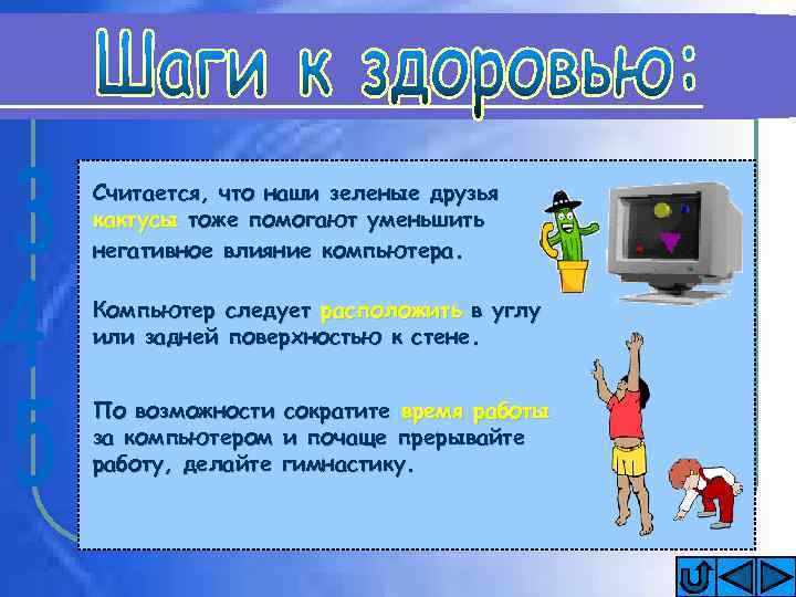 Считается, что наши зеленые друзья кактусы тоже помогают уменьшить негативное влияние компьютера. Компьютер следует