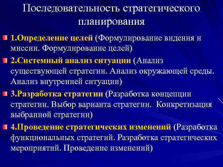 Последовательность стратегического планирования 1. Определение целей (Формулирование видения и миссии. Формулирование целей) 2. Системный