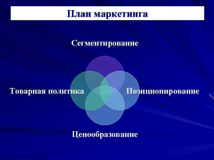 План маркетинга Сегментирование Товарная политика Позиционирование Ценообразование 