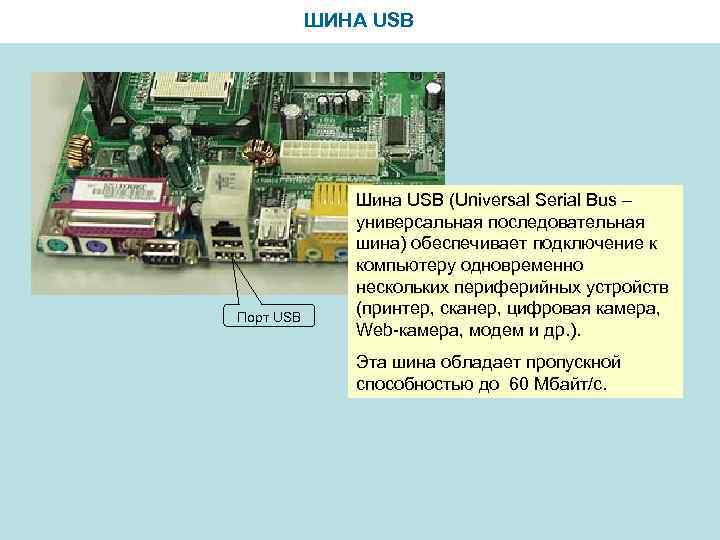 ШИНА USB Порт USB Шина USB (Universal Serial Bus – универсальная последовательная шина) обеспечивает