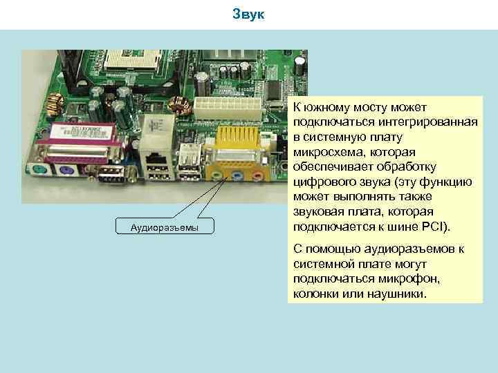 Звук Аудиоразъемы К южному мосту может подключаться интегрированная в системную плату микросхема, которая обеспечивает