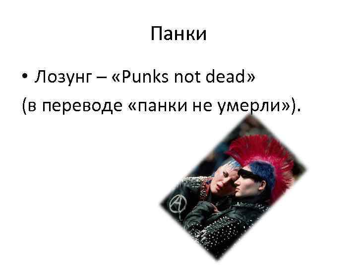 Панки • Лозунг – «Punks not dead» (в переводе «панки не умерли» ). 